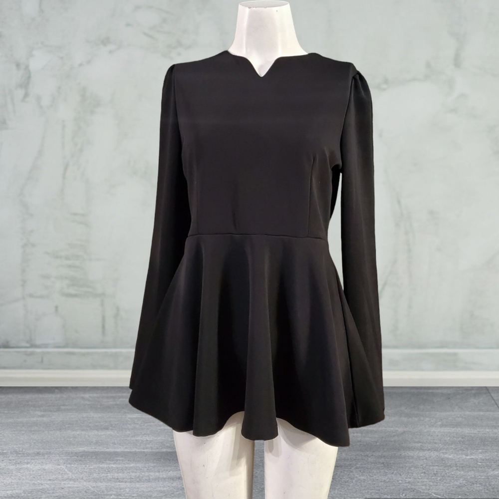 Elegant Black Nice-Forever Longsleeved Peplum Back Zipped / Tunic Top Size Large